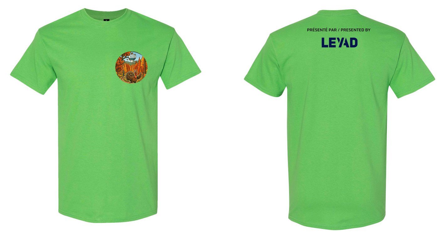 The official green volunteer shirt, with Presented by Leyad across the back