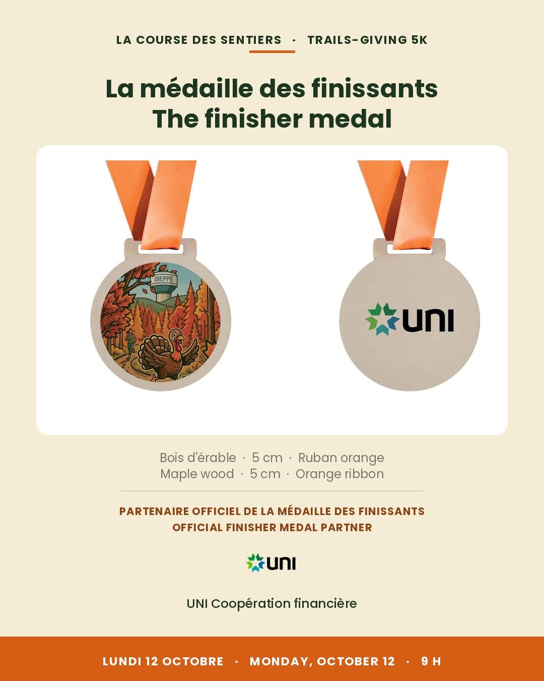 The Trails-Giving 5K maple wood finisher medal, with UNI Financial Cooperation on the back